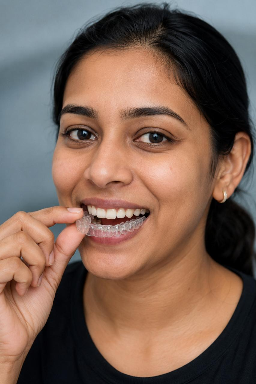Woman holding a clear dental aligner against her teeth