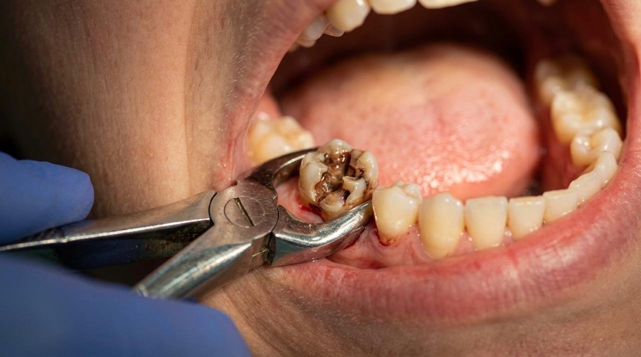A dentist removing a damaged tooth with forceps